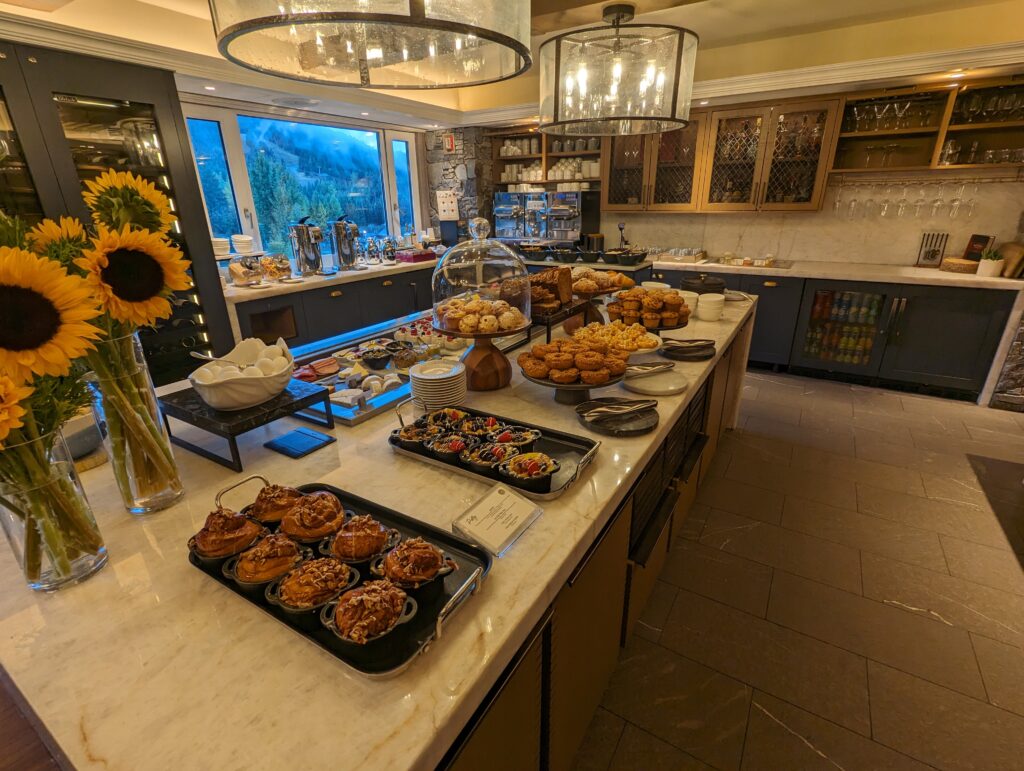 a buffet table with food on it