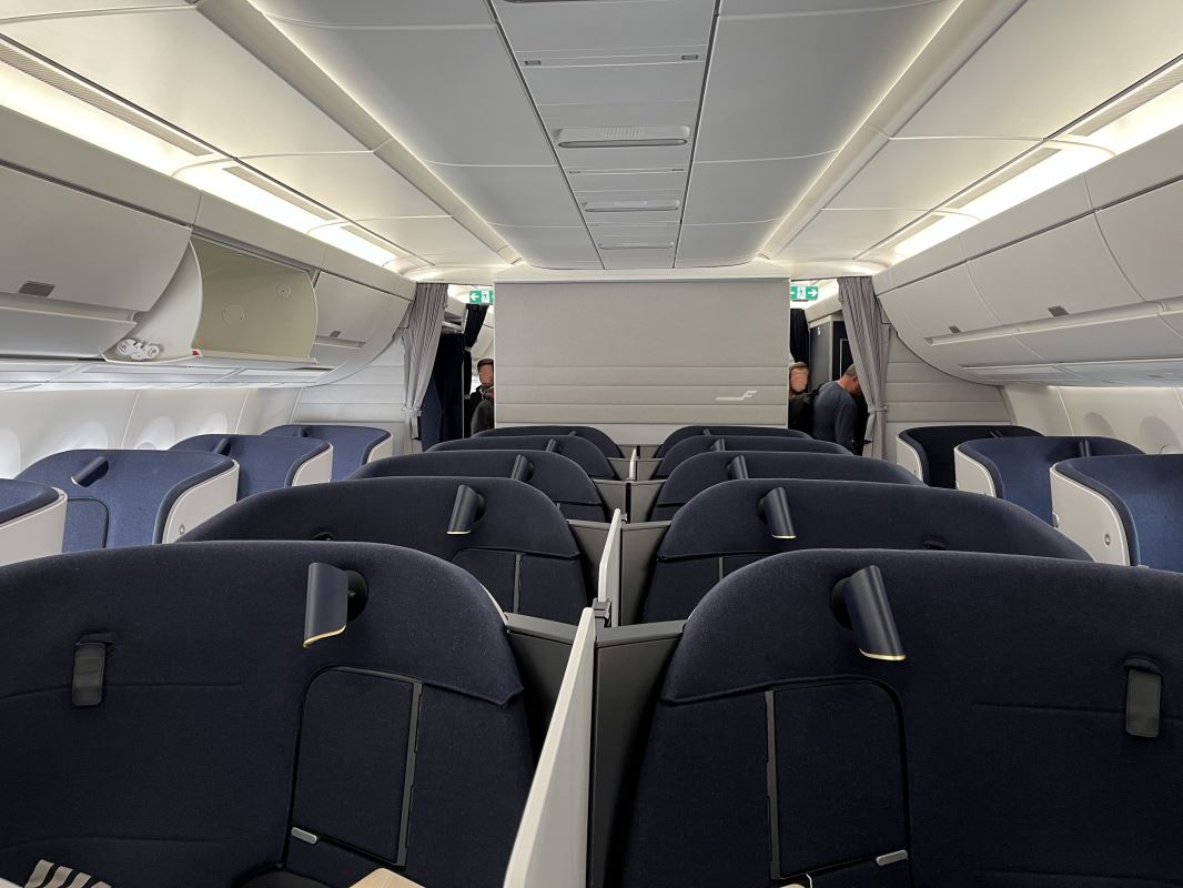 a plane with blue seats