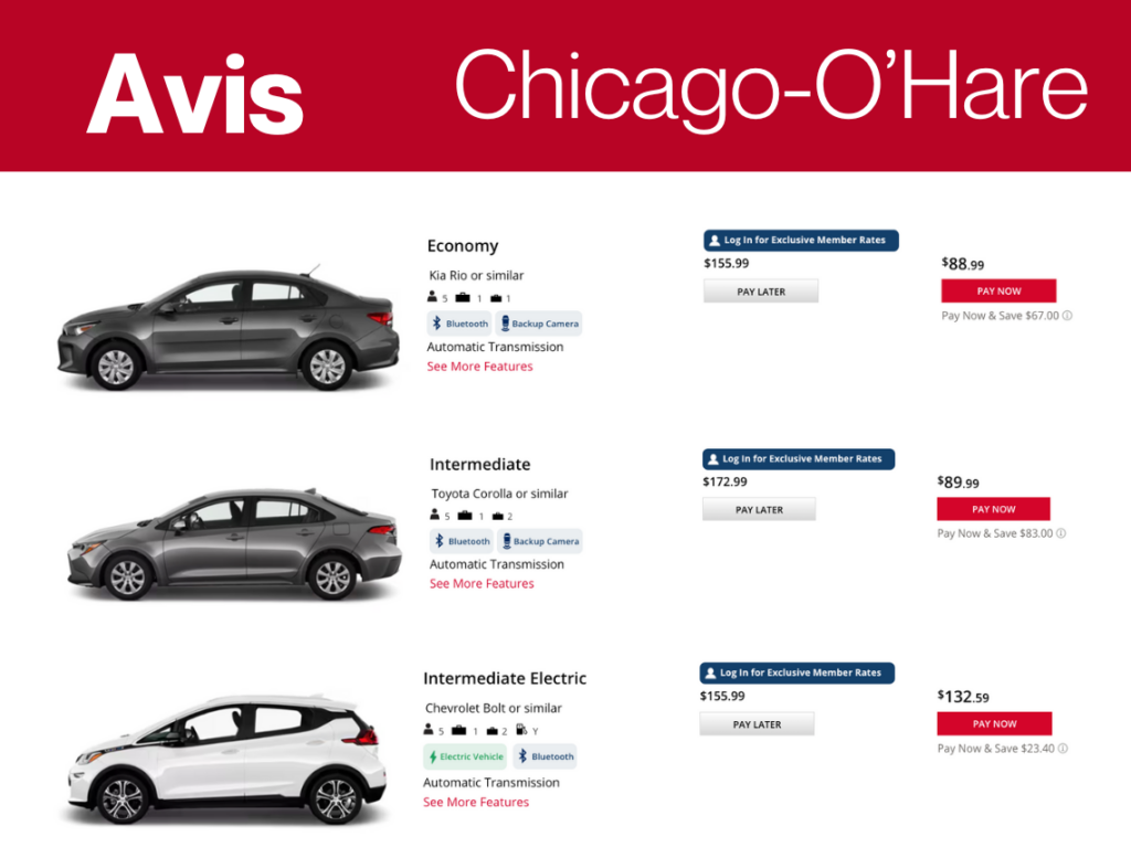 A screenshot showing three classes of cars and associated daily rental rates from Avis.