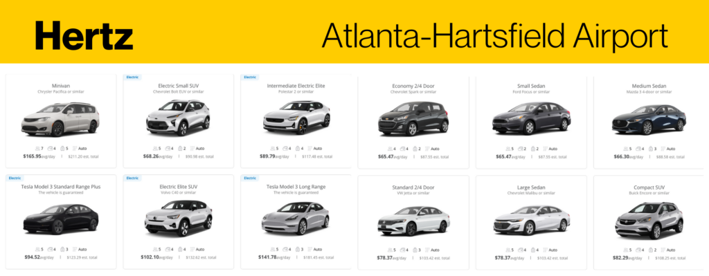 A screenshot of Hertz car rental prices showing the price difference between electric vehicles and gas cars.
