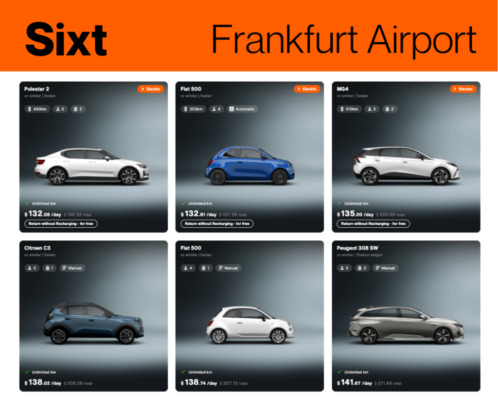 A screenshot showing the price difference between electric car rentals and gas-powered car rentals from Sixt