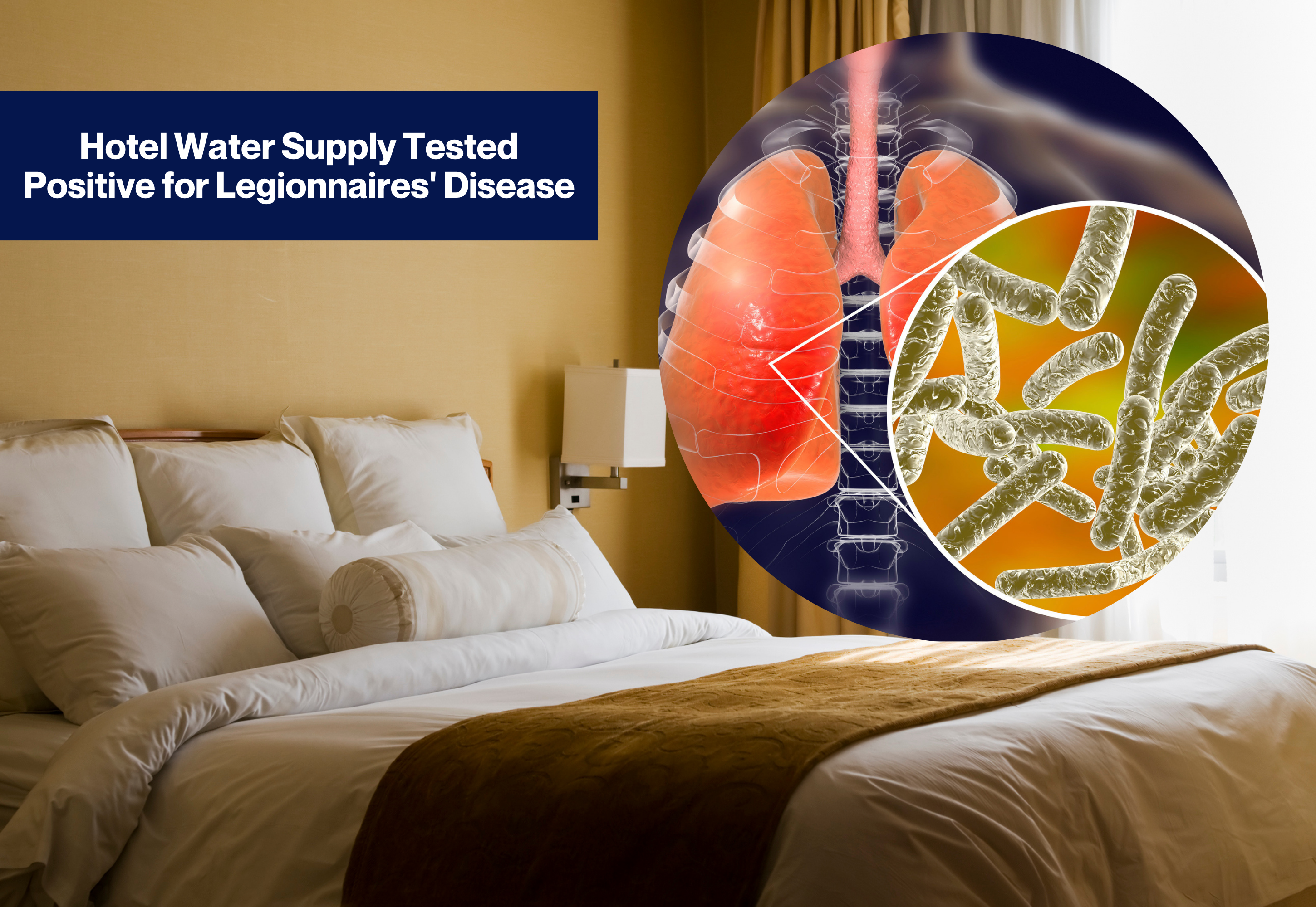 A hotel room bed with a picture of a lungs and bacteria with a sign that reads Hotel Water Supply Tested Positive for Legionnaires' Disease