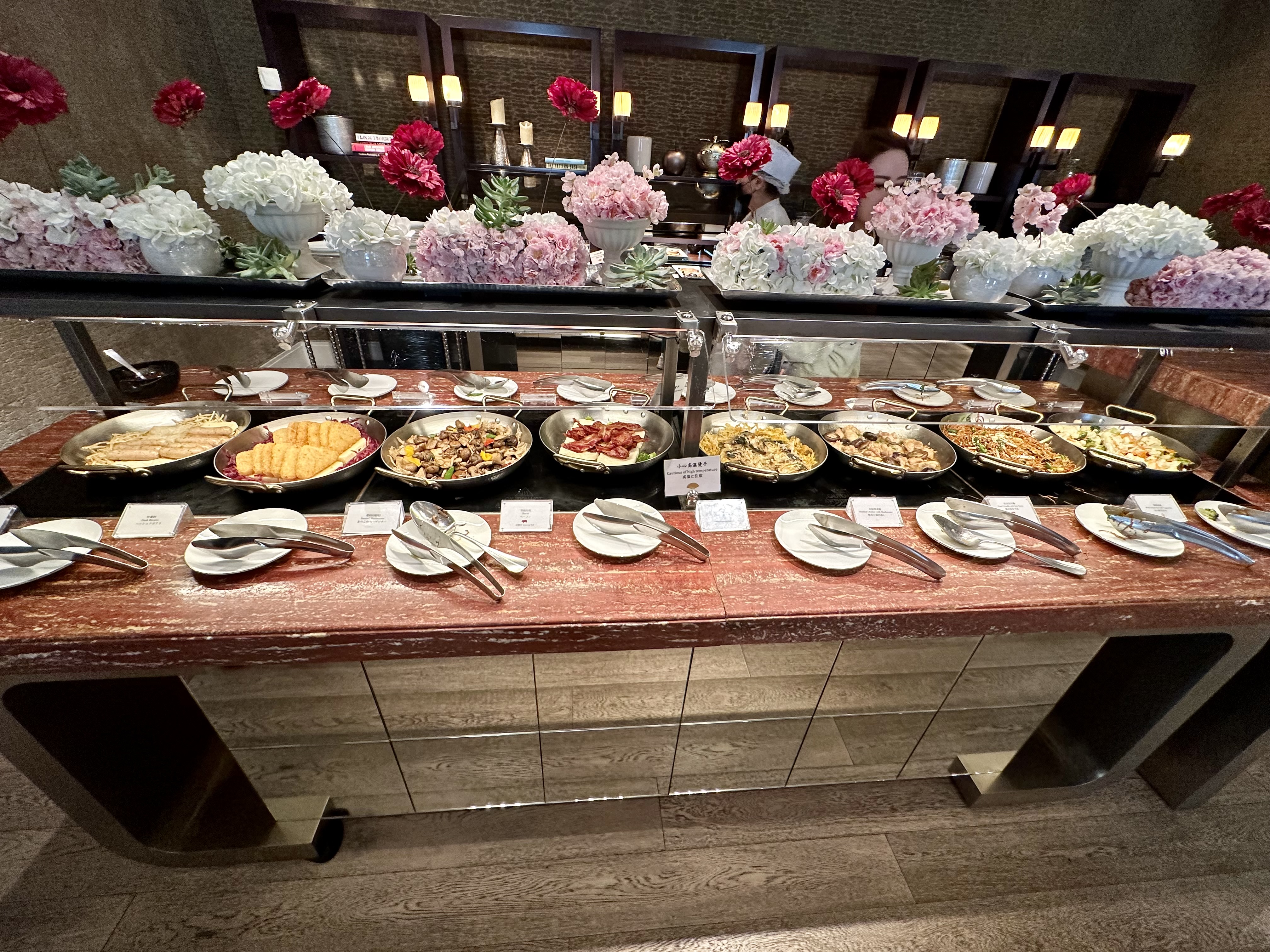 a buffet table with food on it