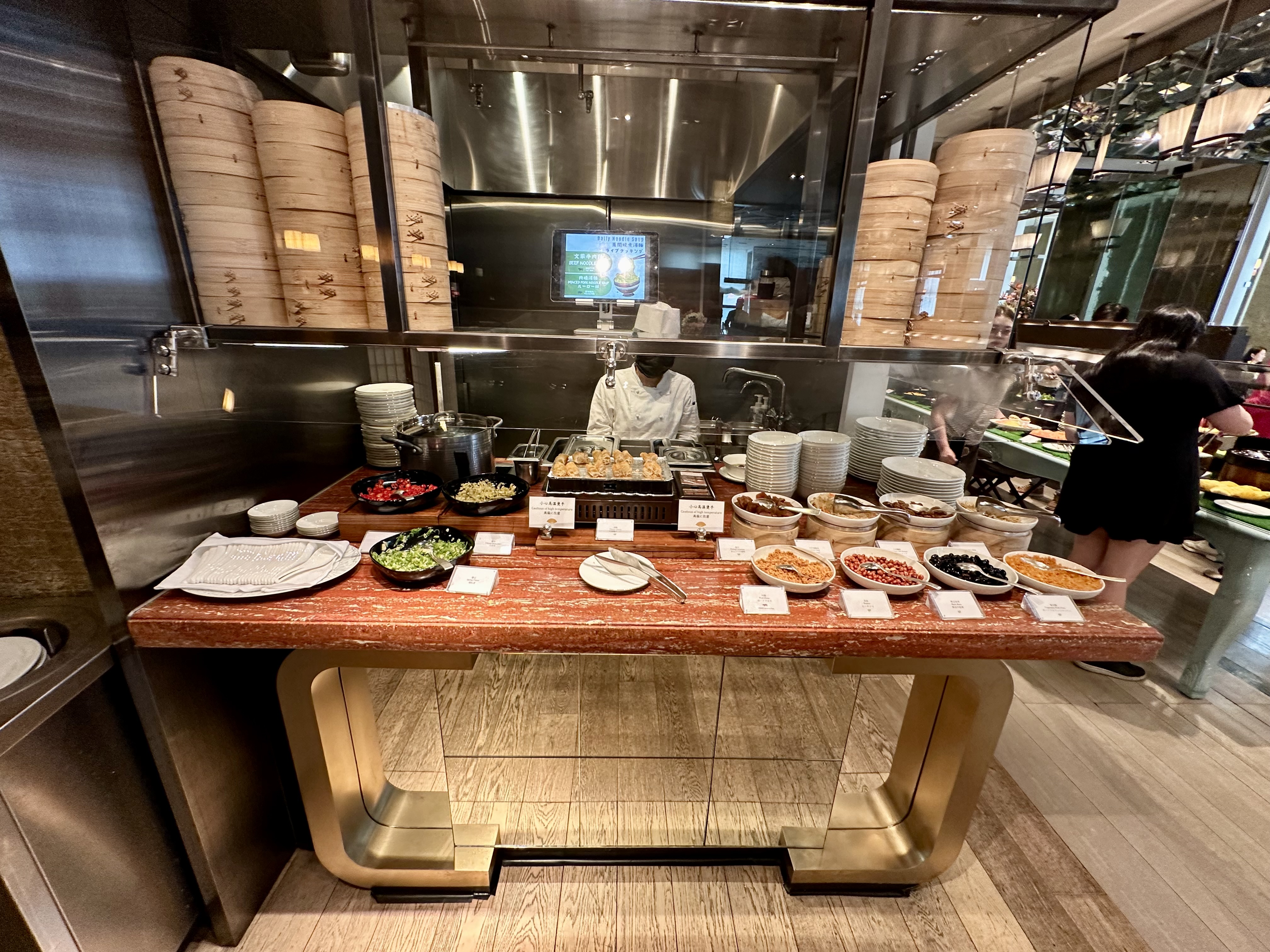 a buffet table with food on it