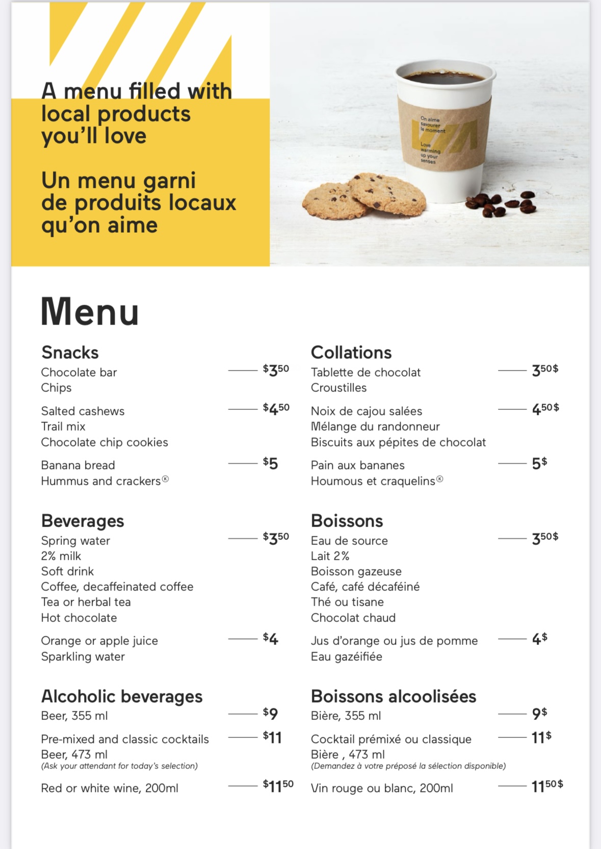 a menu with a cup of coffee and cookies