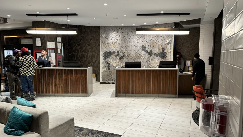 a reception desks in a hotel