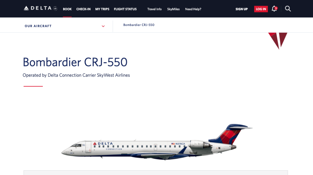 A screenshot of the Delta Air Lines website showing the Bombardier CRJ-550 listed as part of the Delta fleet.