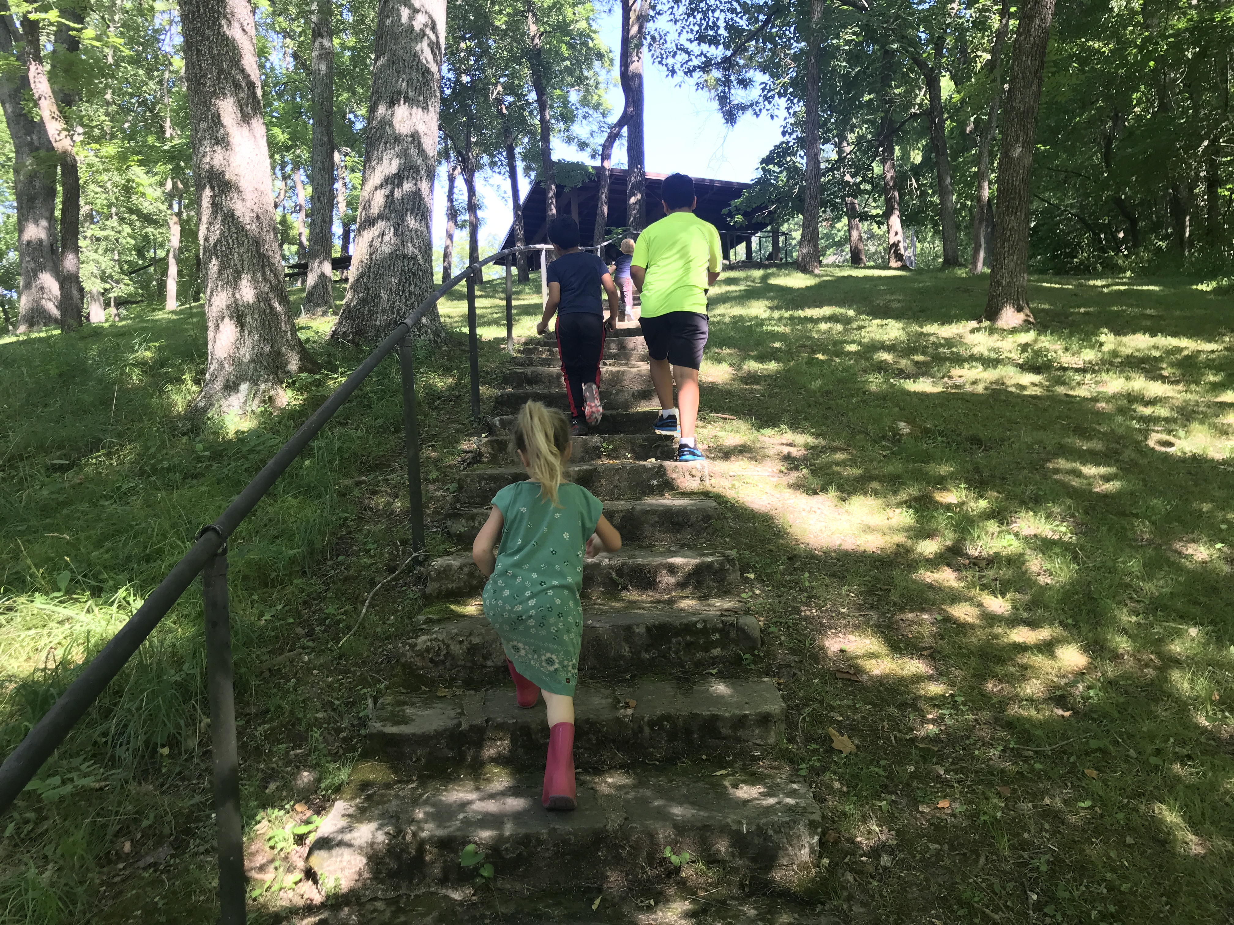 people walking up stairs in a park