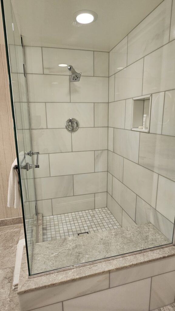 a shower with a glass door