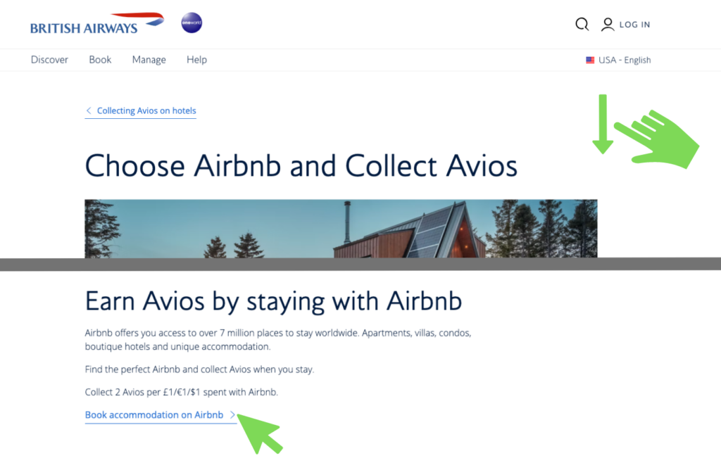 A screenshot of the British Airways website showing Executive Club members that they can earn Avios on their next stay with Airbnb.