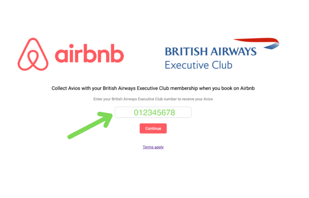 A screenshot of the Airbnb and British Airways login page asking for a member's Executive Club number.
