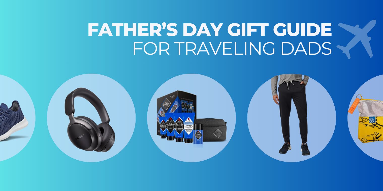 An image that features the text Father's Day Gift Guide for Traveling Dads plus circular photos of various gift ideas.