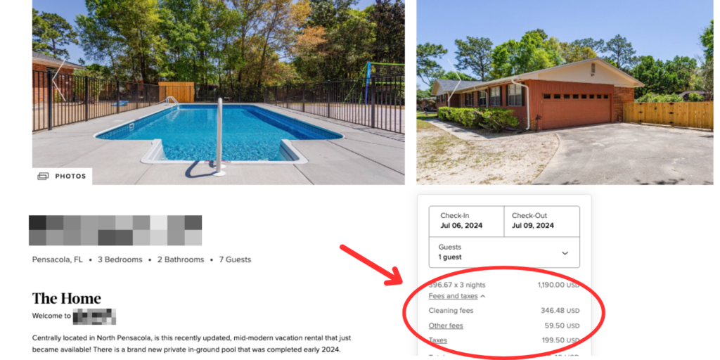 An image of a listing on Marriott Homes and Villas with a red circle around the price breakdown showing the fees not initially displayed by the platform.