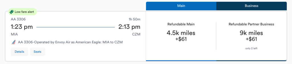 A screenshot showing Alaska Airlines Mileage Plan award redemptions on American Airlines from Miami to Cozumel.