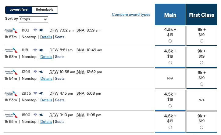 A screenshot showing available Alaska Airlines Mileage Plan award flights on American Airlines from Dallas to Nashville