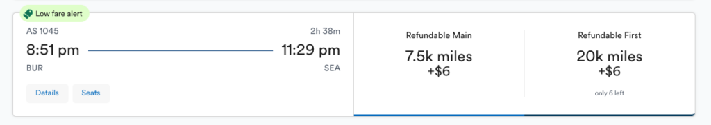 A screenshot showing an Alaska Airlines award redemption from Burbank to Seattle