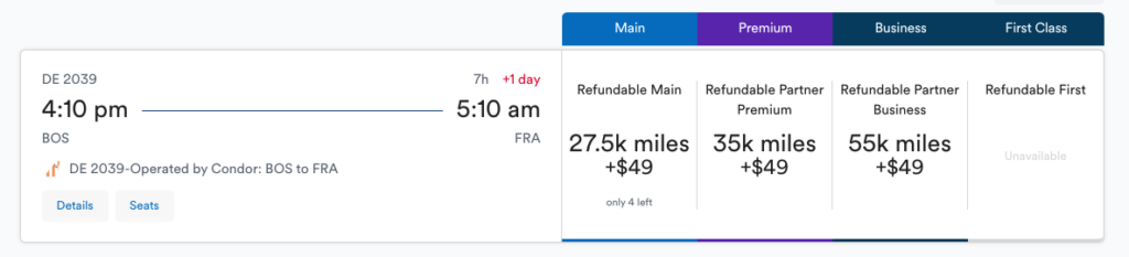 A screenshot showing available Alaska Airlines Mileage Plan award flights from Boston to Frankfurt.