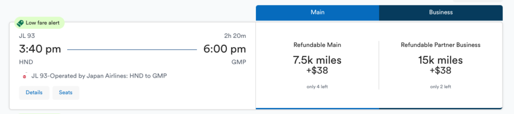 A screenshot showing an award flight bookable with Alaska Airlines miles from Tokyo to Seoul on Japan Airlines