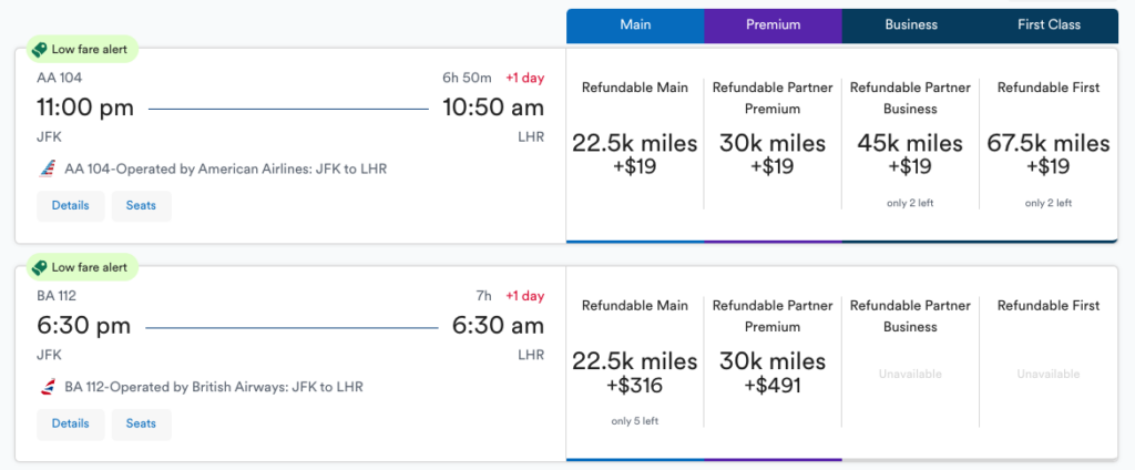 A screenshot from the Alaska Airlines website showing the differences in fees and surcharges between British Airways and American Airlines.