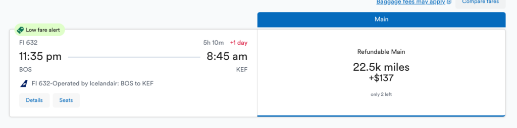 Screenshot from Alaska Airlines' website showing carrier-imposed surcharges on an award flight with Icelandair.