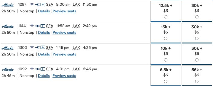 A screenshot from Alaska Airlines' website showing Mileage Plan award flights including taxes and fees.