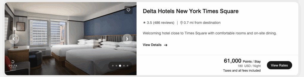 A screenshot showing the price to book a room at a Delta Hotels in New York City alongside the award redemption rate