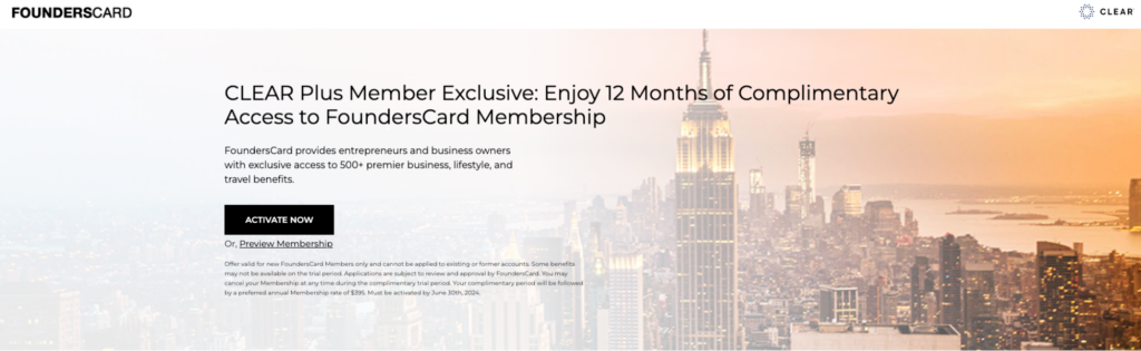 A screenshot from the FoundersCard website showing details about a the promotion with Clear. The header reads, "CLEAR Plus Member Exclusive: Enjoy 12 Months of Complimentary Access to FoundersCard Membership"