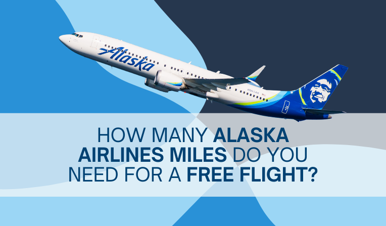 An image of an Alaska Airlines Boeing 737 on a graphical background with text over a white background that reads "How many Alaska Airlines miles do you need for a free flight?"