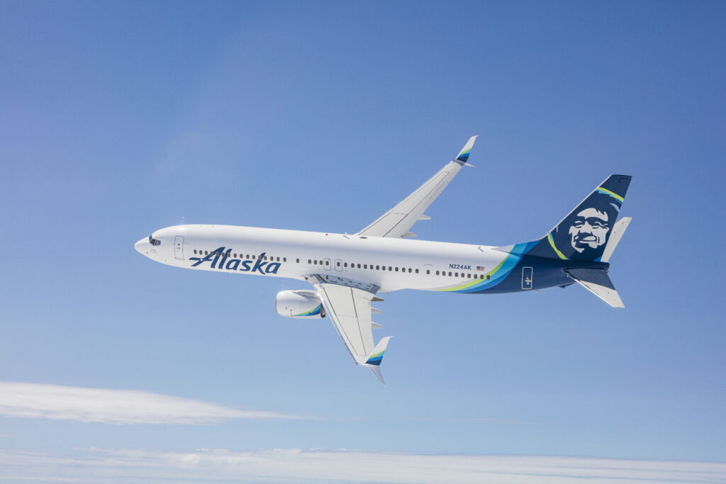 A photo of an Alaska Airlines Boeing 737-900ER in-flight.