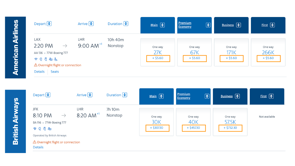 An image showing two different flights and the fees imposed by carriers American Airlines and British Airways when booking award tickets with AAdvantage miles.