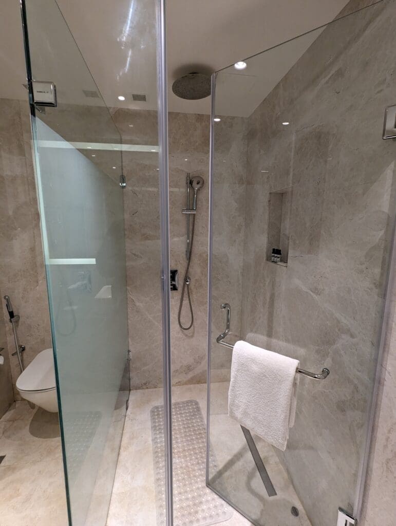 a glass shower with a toilet and a toilet