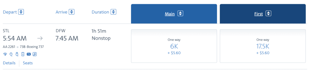 A screenshot showing award ticket pricing on an American Airlines flight from St. Louis to Dallas.