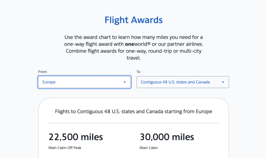 A screenshot showing American Airlines partner award chart tool for AAdvantage award travel.