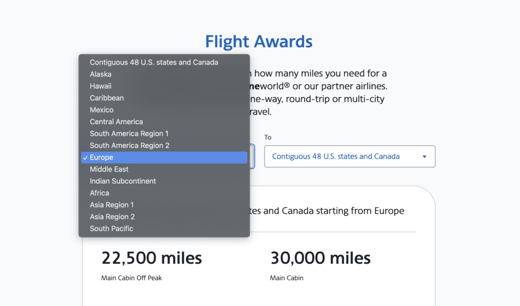 A screenshot showing American Airlines partner award chart tool with drop down menu for AAdvantage award travel.