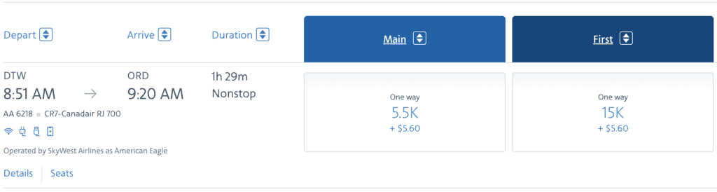 A screenshot showing an award ticket using AAdvantage miles for 5,500 miles from Detroit to Chicago.