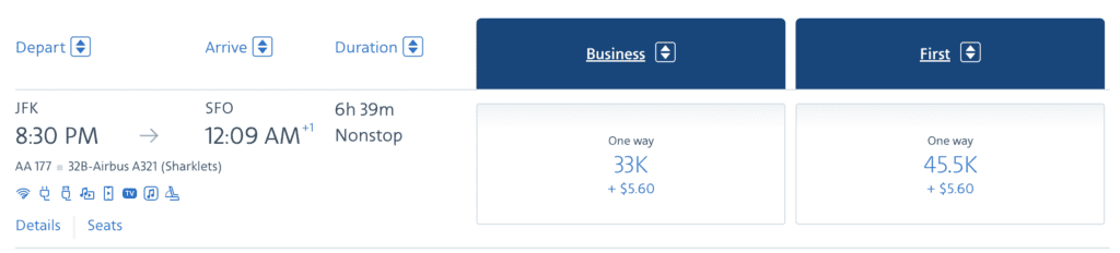 A screenshot showing an AAdvantage award redemption from New York to San Francisco.