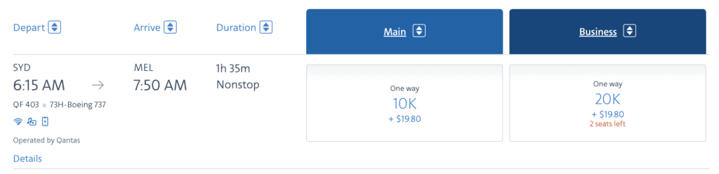 A screenshot of an American Airlines award redemption on a flight from Sydney to Melbourne, Australia.