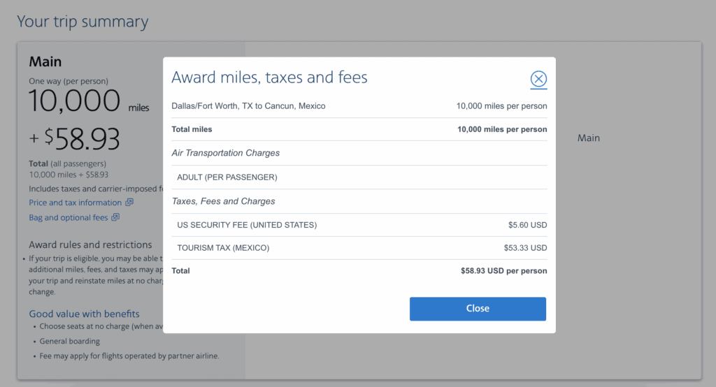 A screenshot showing the breakdown of taxes and fees for an American Airlines award flight from the United States to Mexico