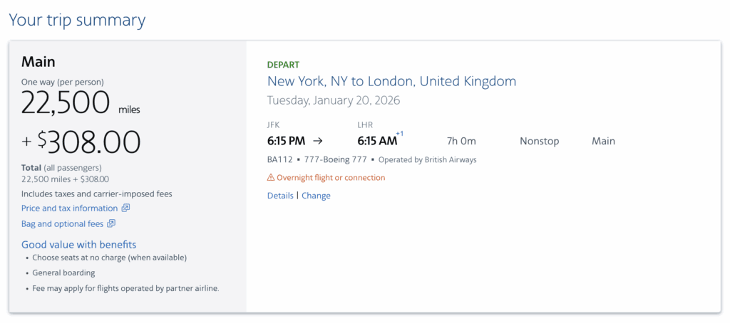 A screenshot showing the carrier-imposed fees on an AAdvantage award flight operated by British Airways