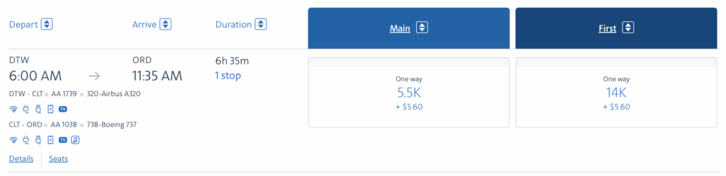 A screenshot showing an AAdvantage award flight for 5,500 miles