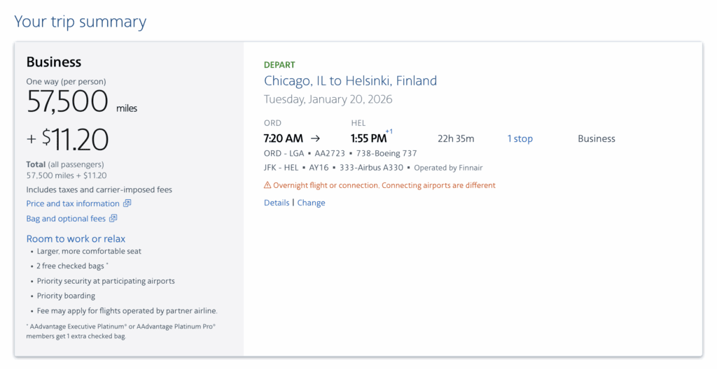 A screenshot showing an AAdvantage partner award flight from Chicago to Helsinki, Finland in business class