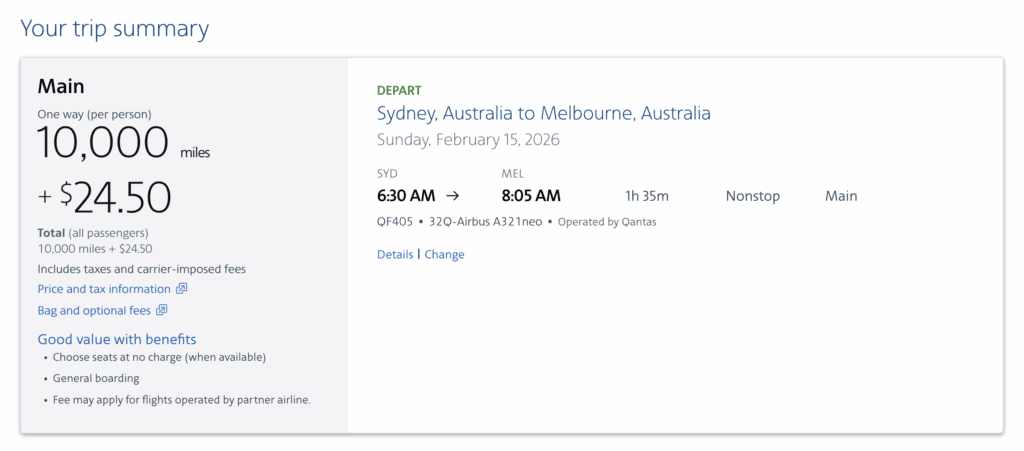 A screenshot showing an American Airlines partner award flight between Sydney and Melbourne