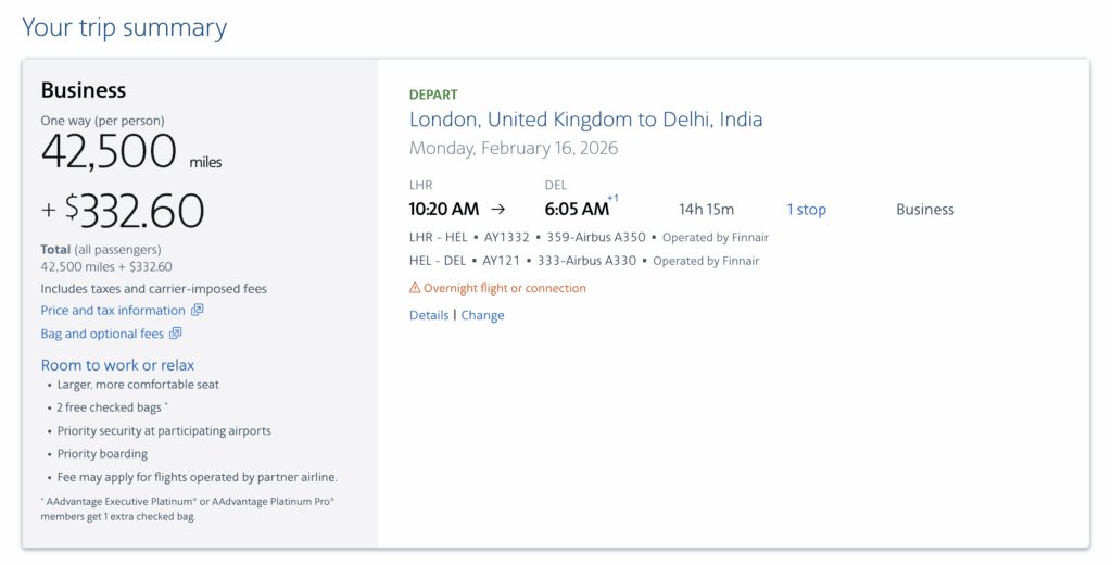 A screenshot showing an AAdvantage partner award flight from London to Delhi