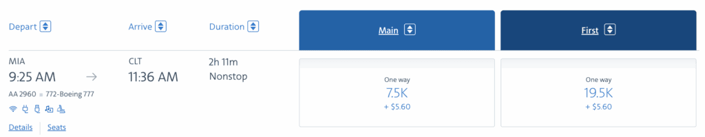A screenshot of an itinerary between Miami and Charlotte operated by a Boeing 777