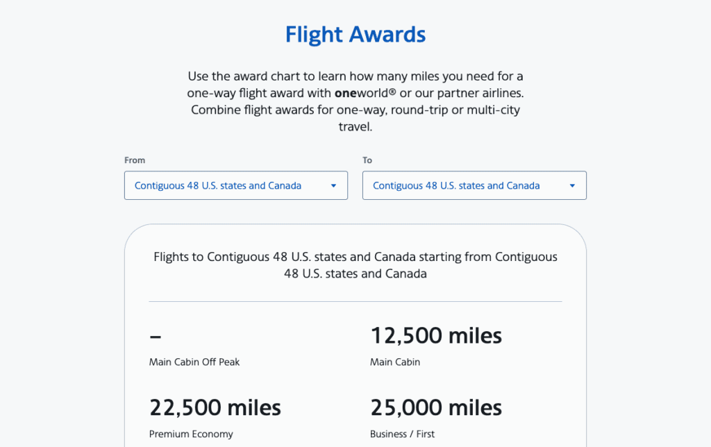 A screenshot showing American Airlines partner award chart