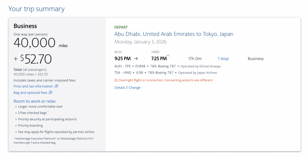 A screenshot showing an AAdvantage award flight from Abu Dhabi to Tokyo in business class