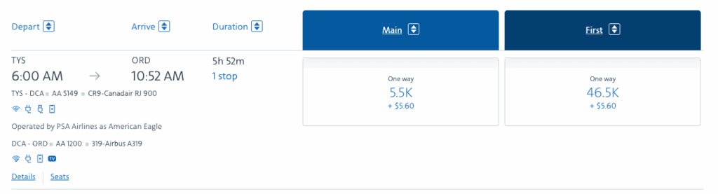 A screenshot showing an award flight on American Airlines available for 5,500 miles
