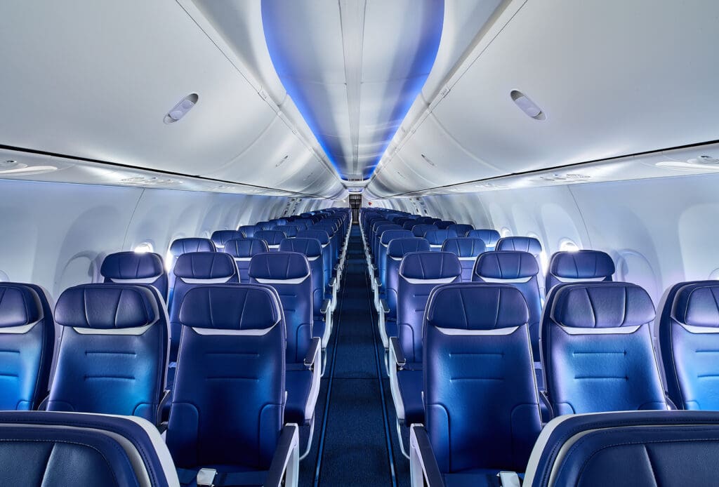 The interior of a Southwest Airlines Boeing 737 MAX 8.