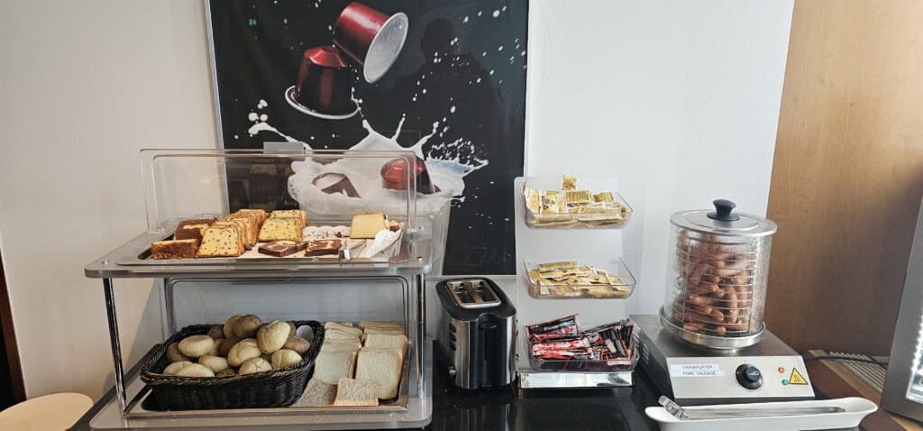 a display of food on shelves