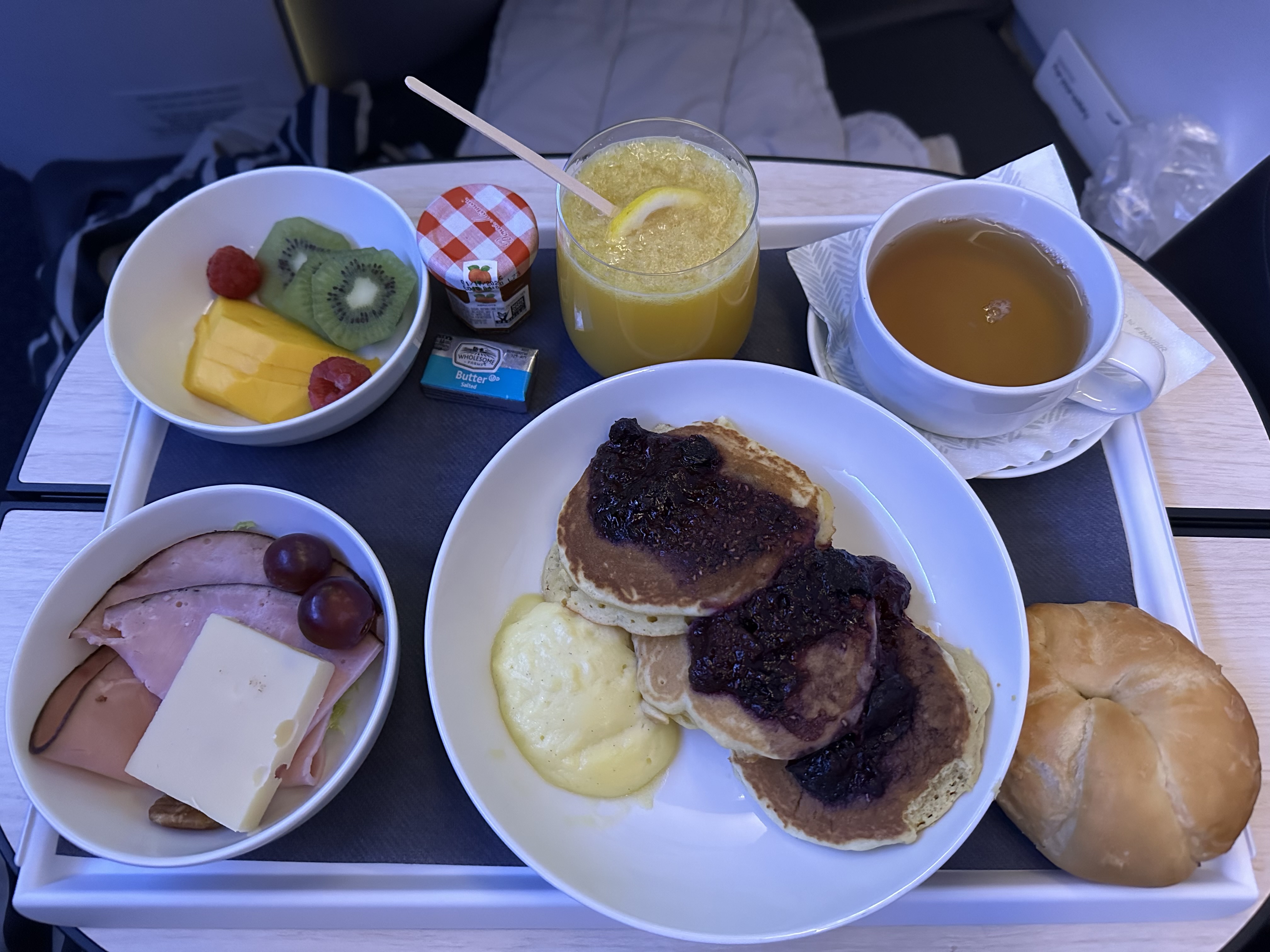 Blueberry Pancakes Breakfast on Finnair A330 Business Class